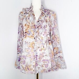 Cino Floral Ruffle Button Front Blouse 100% Cotton Size Large Sundance